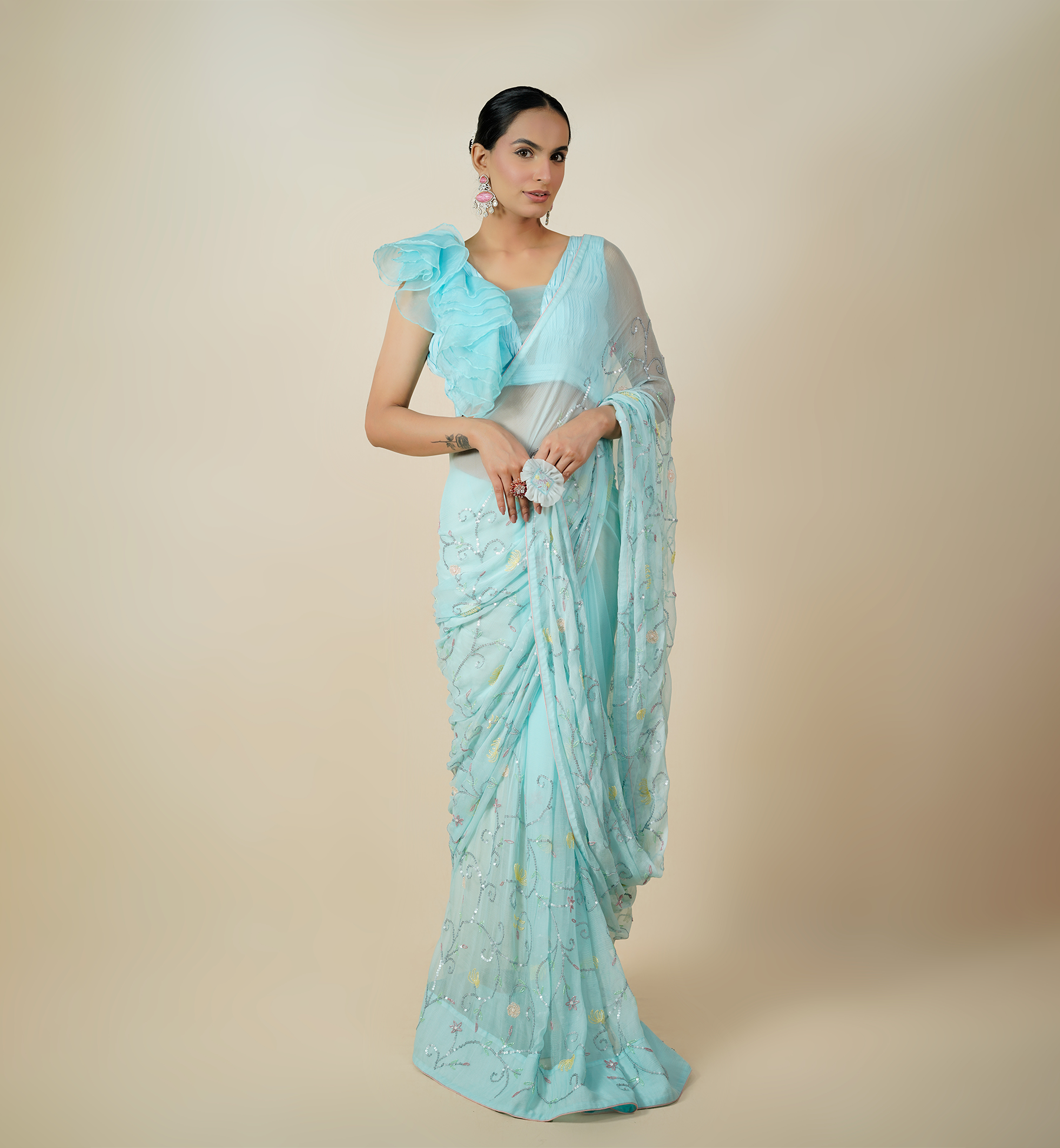 Aqua Printed Sari