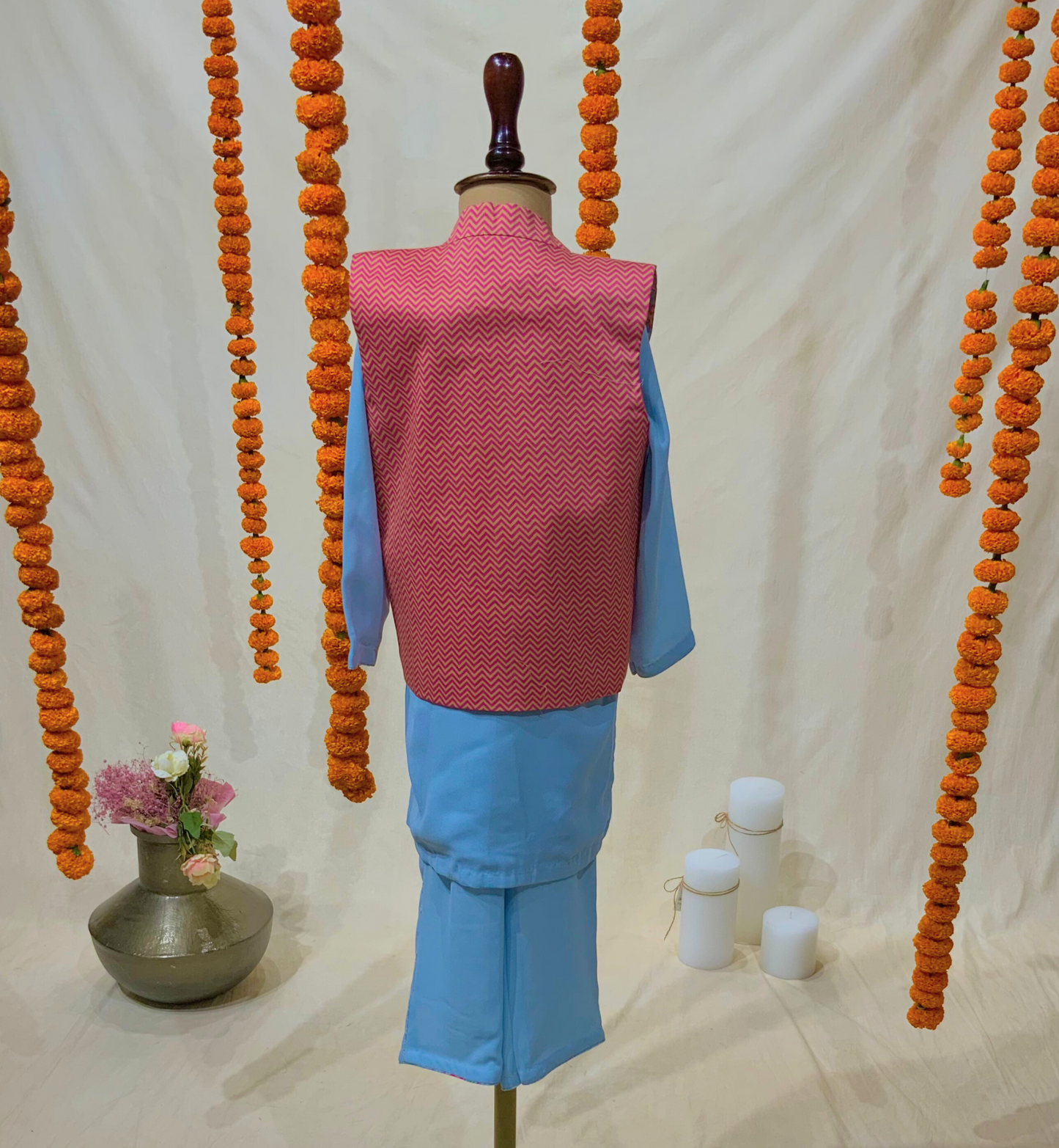 LIGHT BLUE KURTA SET WITH PRINTED WAISTCOAT