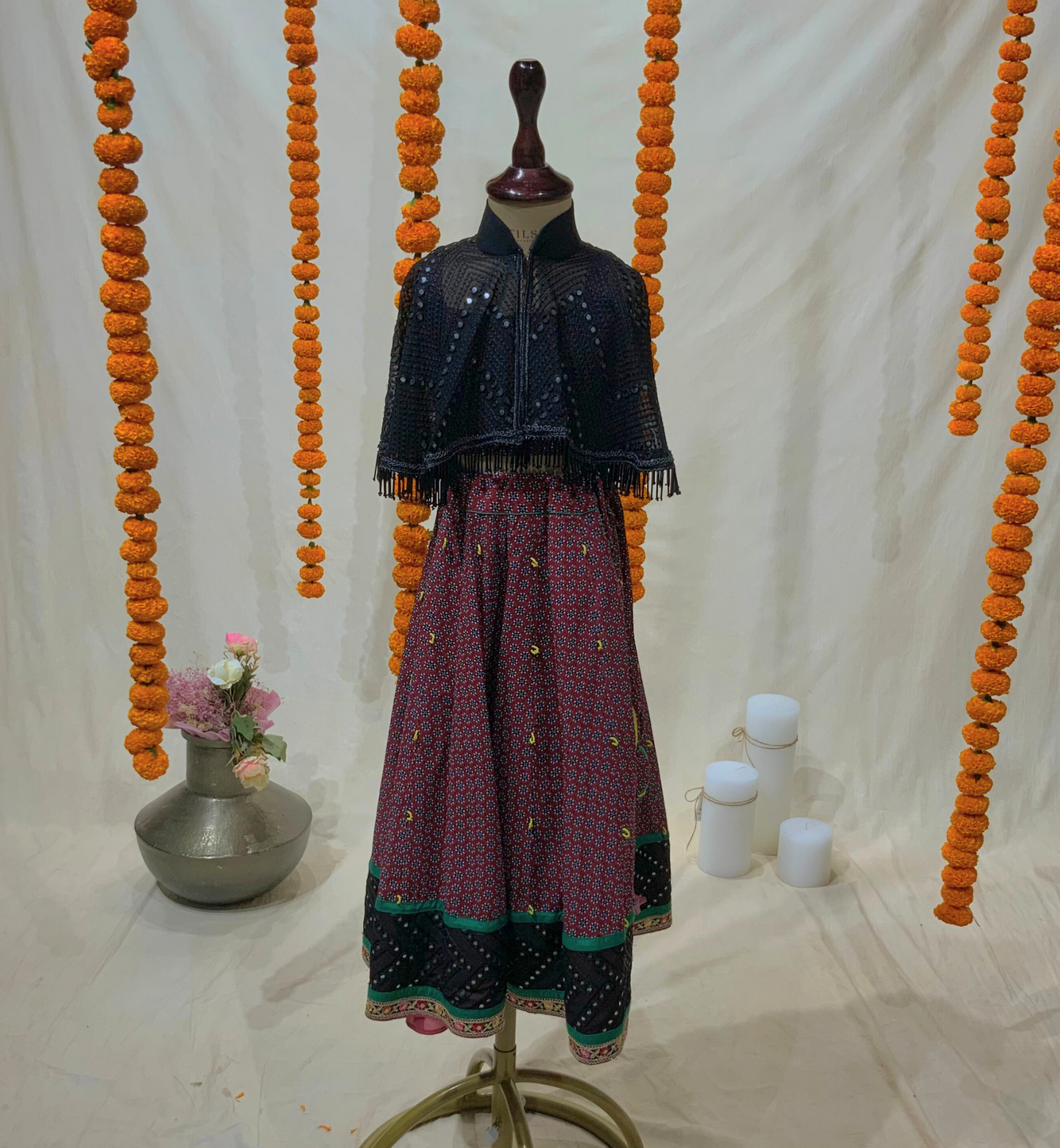 RED PRINTED LEHENGA SET WITH ELEPHANT TASSELS