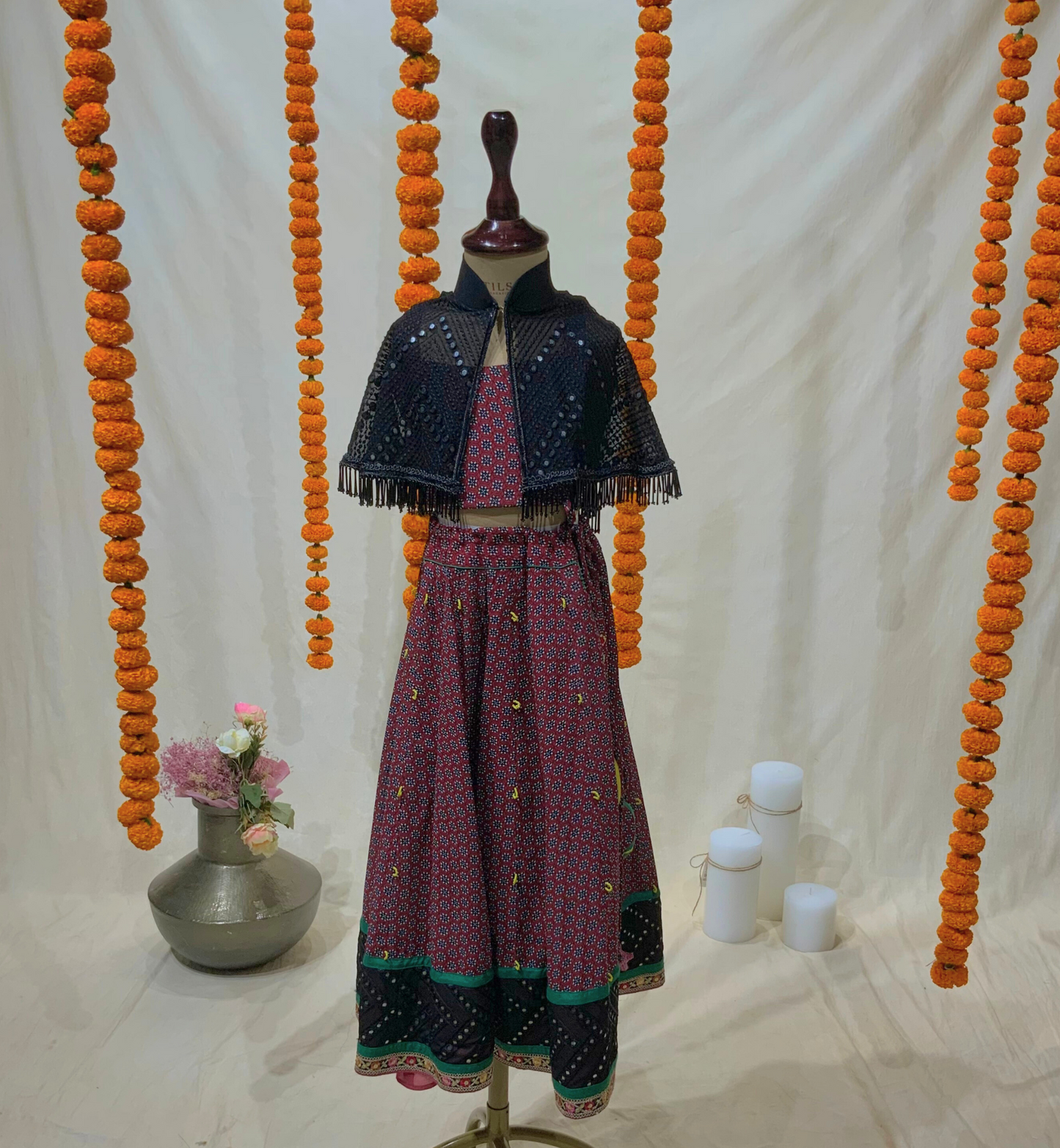 RED PRINTED LEHENGA SET WITH ELEPHANT TASSELS