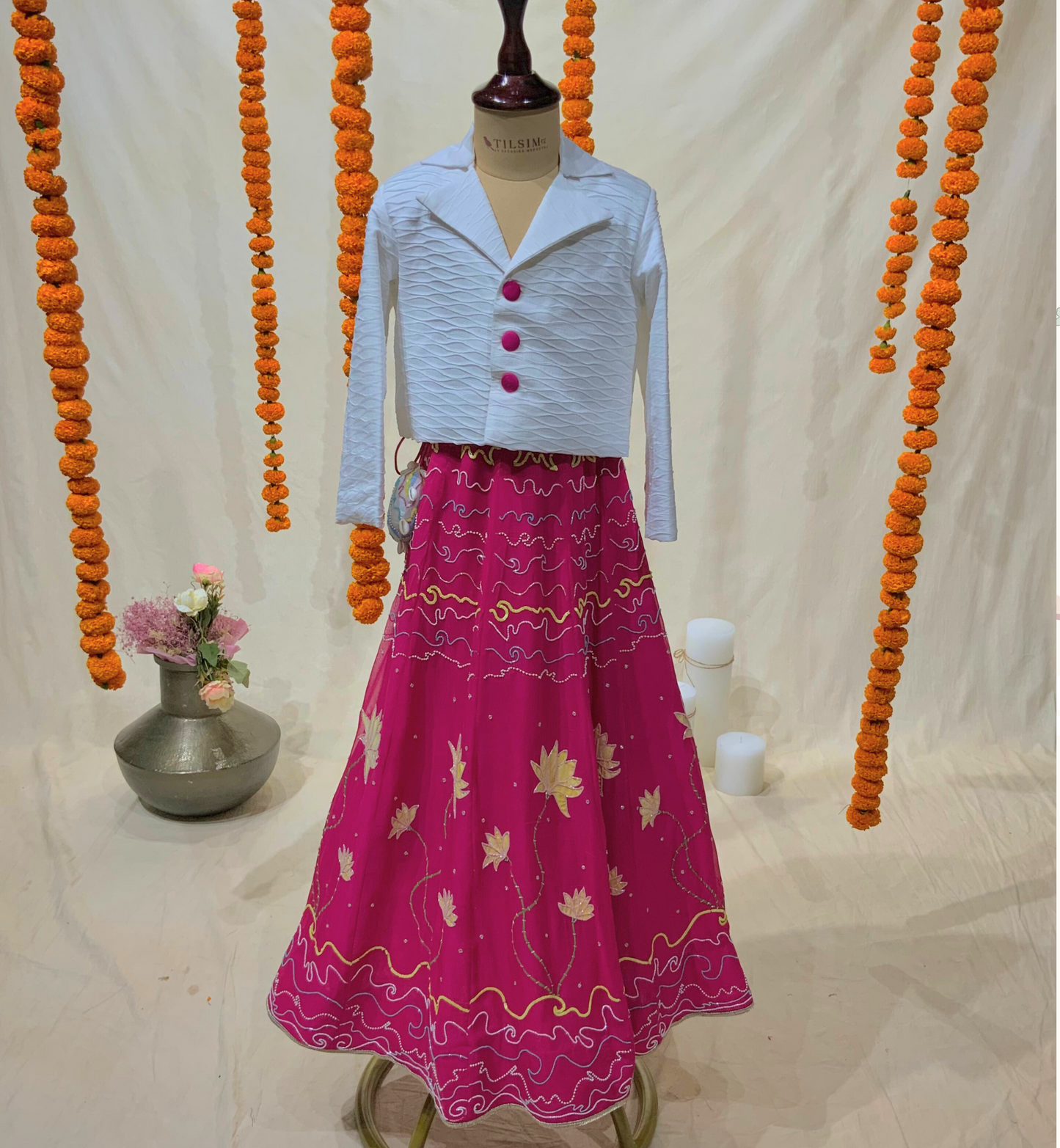 MAGENTA LEHENGA SET WITH YELLOW LOTUS