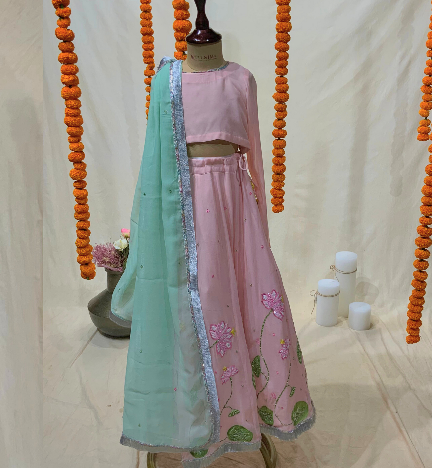 PEACH LEHENGA SET WITH PINK LOTUS