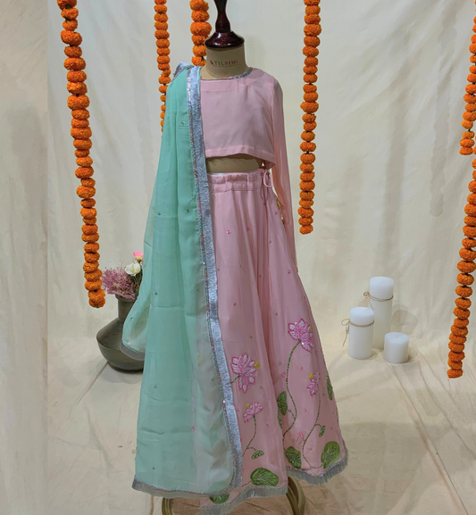 PEACH LEHENGA SET WITH PINK LOTUS
