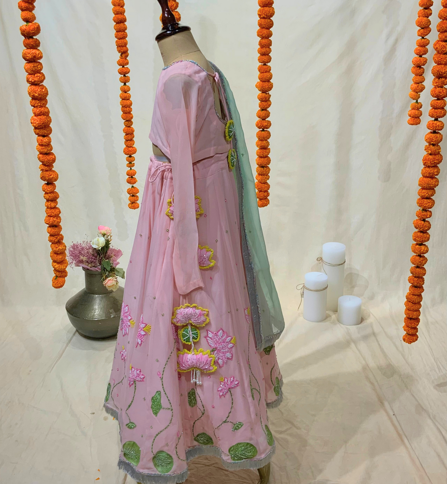 PEACH LEHENGA SET WITH PINK LOTUS