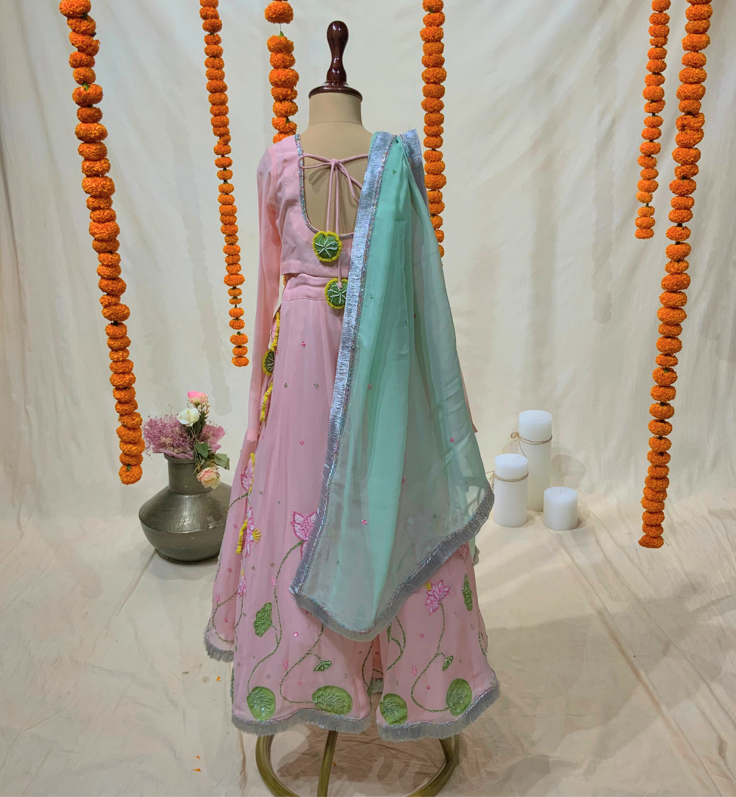 PEACH LEHENGA SET WITH PINK LOTUS