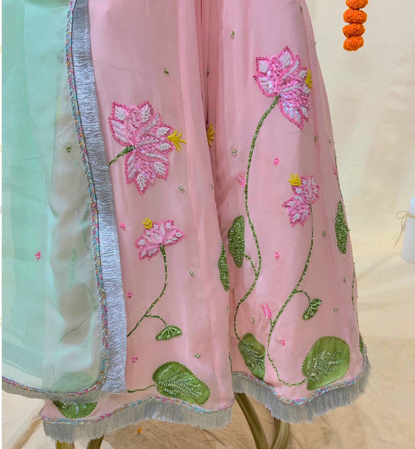 PEACH LEHENGA SET WITH PINK LOTUS
