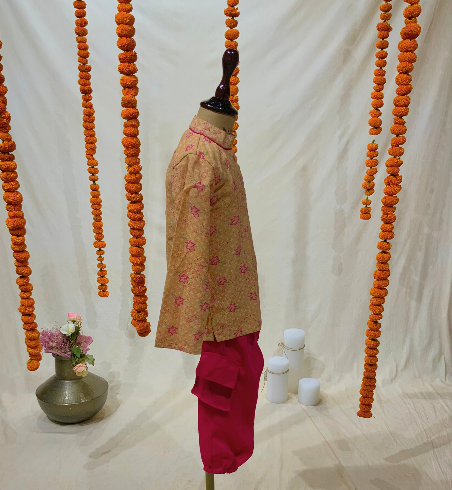 ORANGE & PINK PRINTED KURTA SET WITH ELEPHANT PATCH