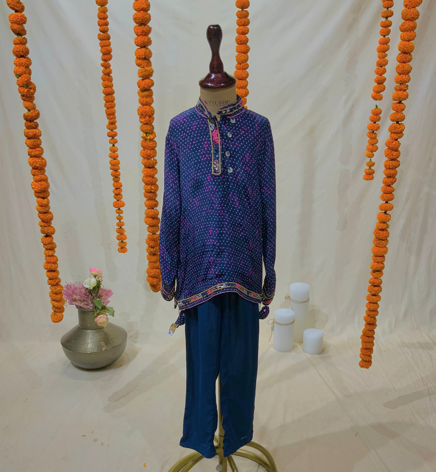 BLUE PRINTED KURTA SET WITH BIRD TASSELS