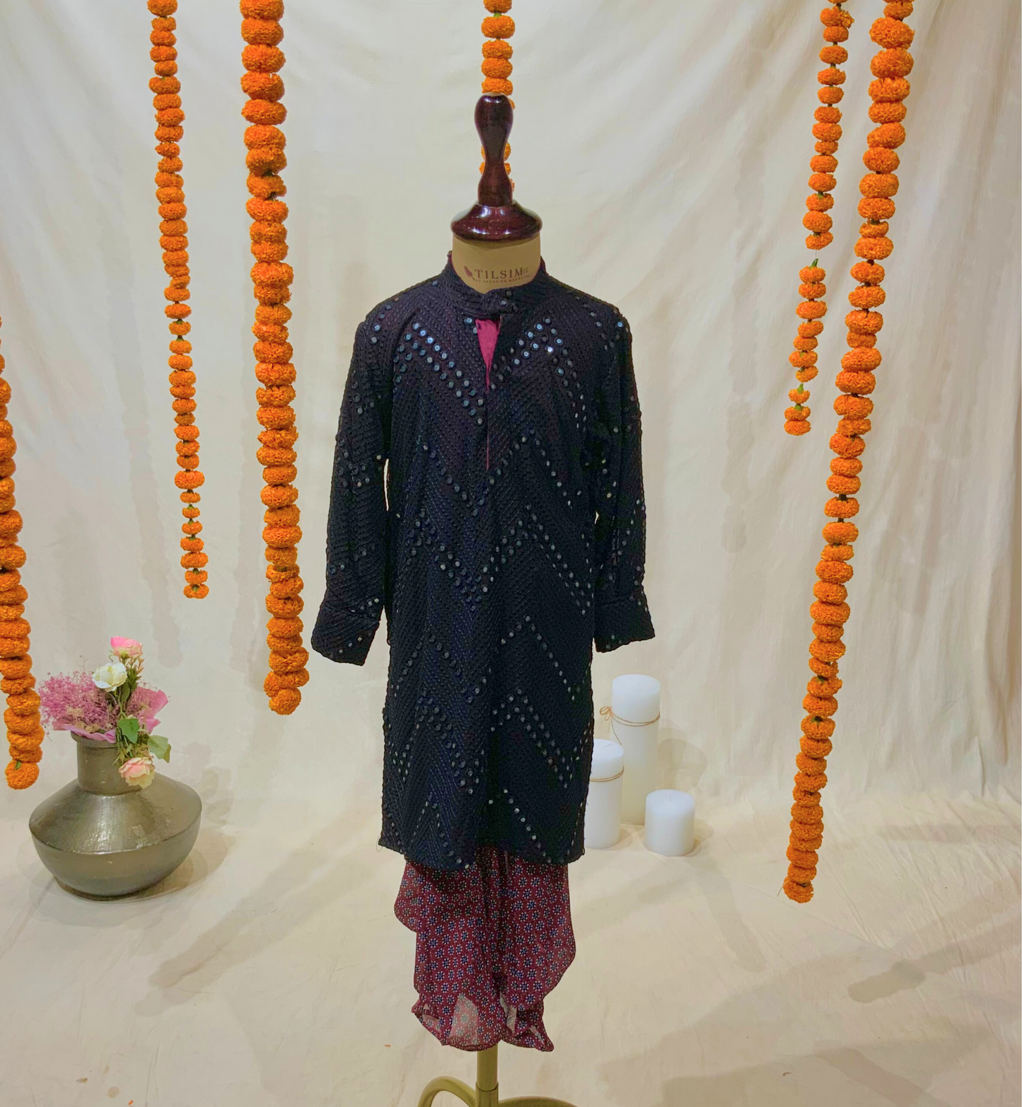 AVALA WORK KURTA WITH RED PRINTED DHOTI