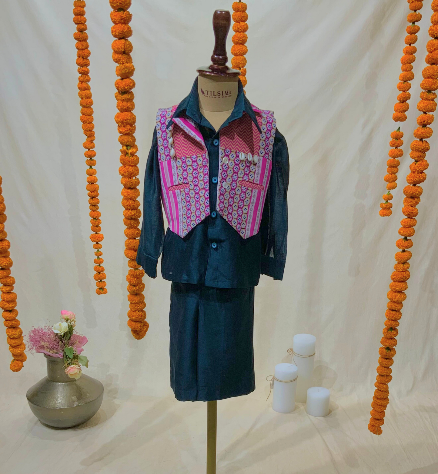 DARK GREEN SHIRT & PANT SET WITH PRINTED WAISTCOAT