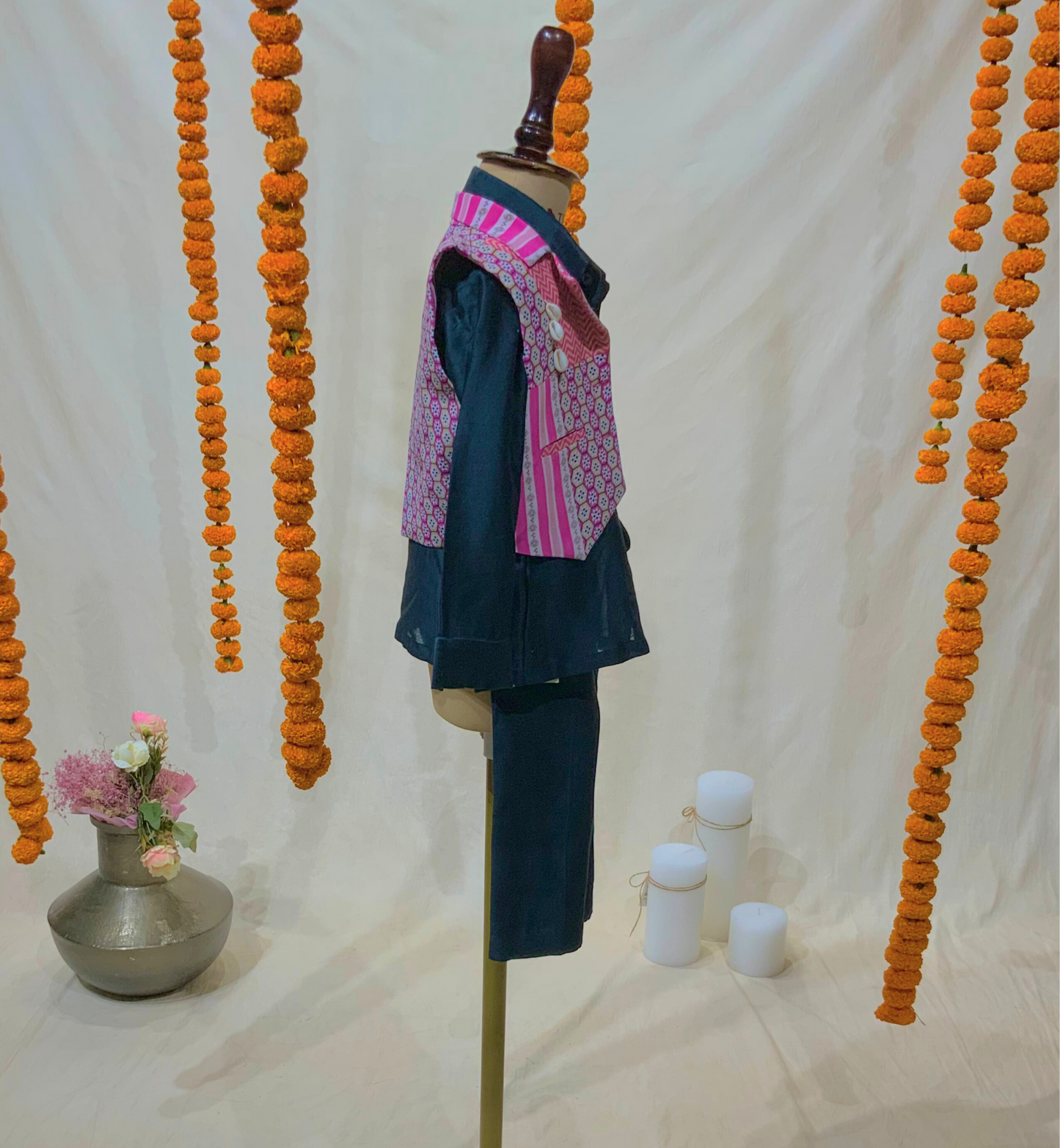 DARK GREEN SHIRT & PANT SET WITH PRINTED WAISTCOAT