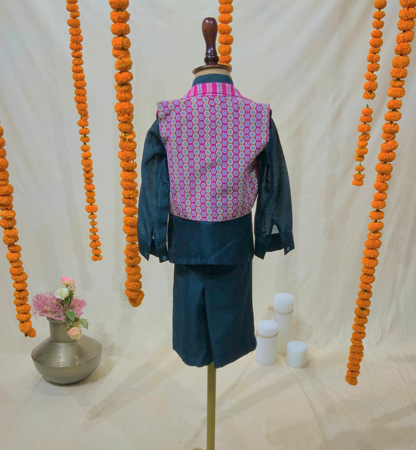DARK GREEN SHIRT & PANT SET WITH PRINTED WAISTCOAT