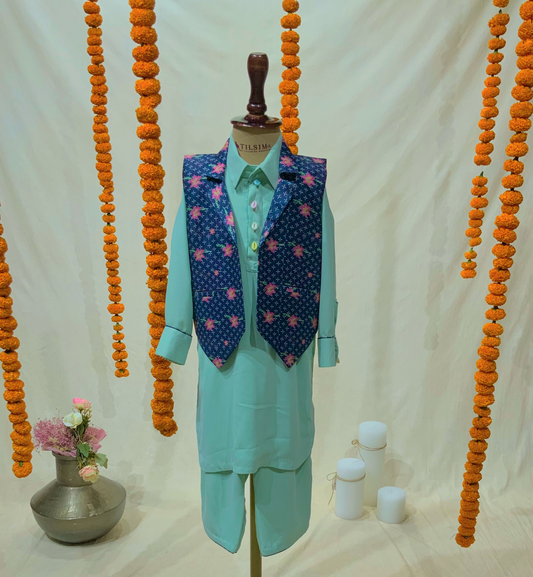 PATHANI KURTA SET WITH PRINTED WAIST COAT