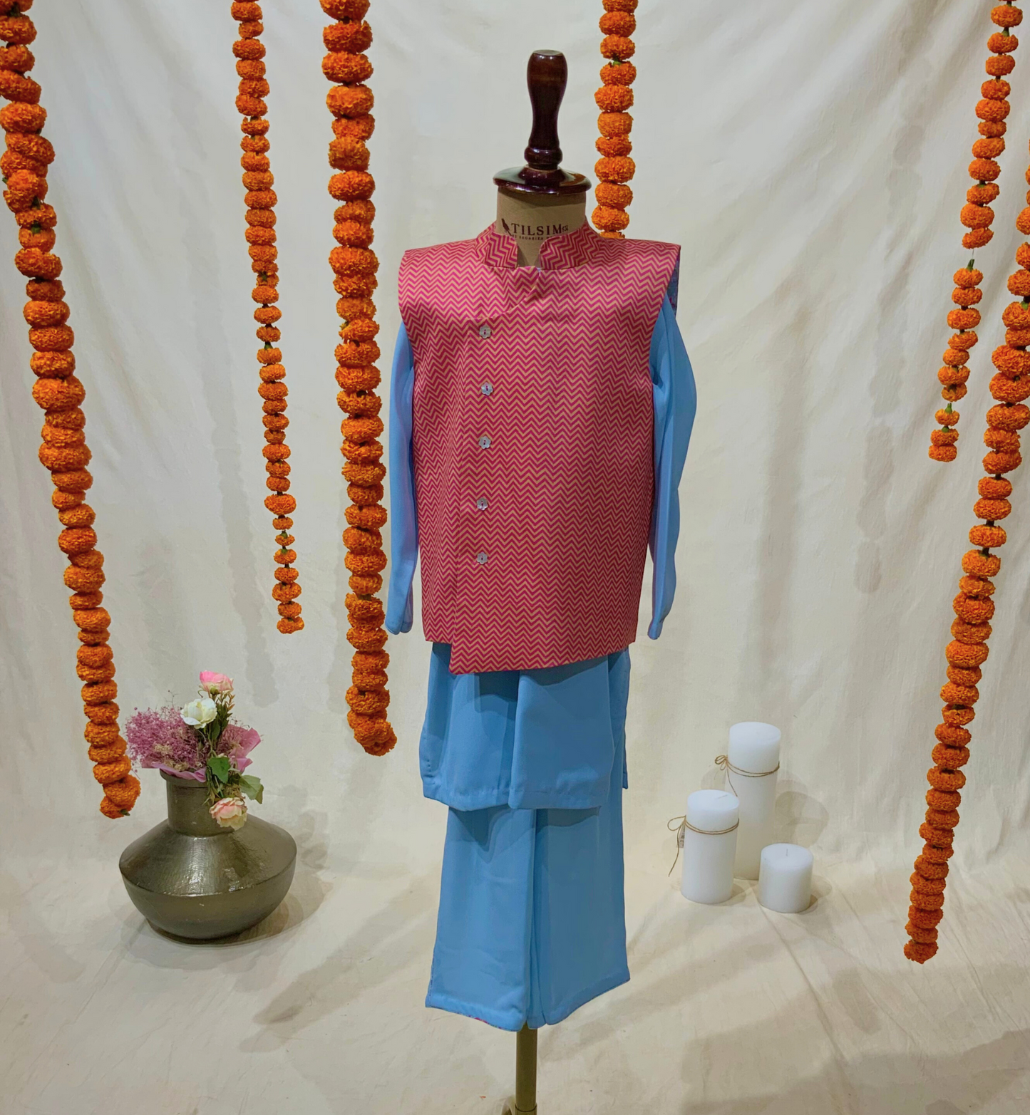 LIGHT BLUE KURTA SET WITH PRINTED WAISTCOAT