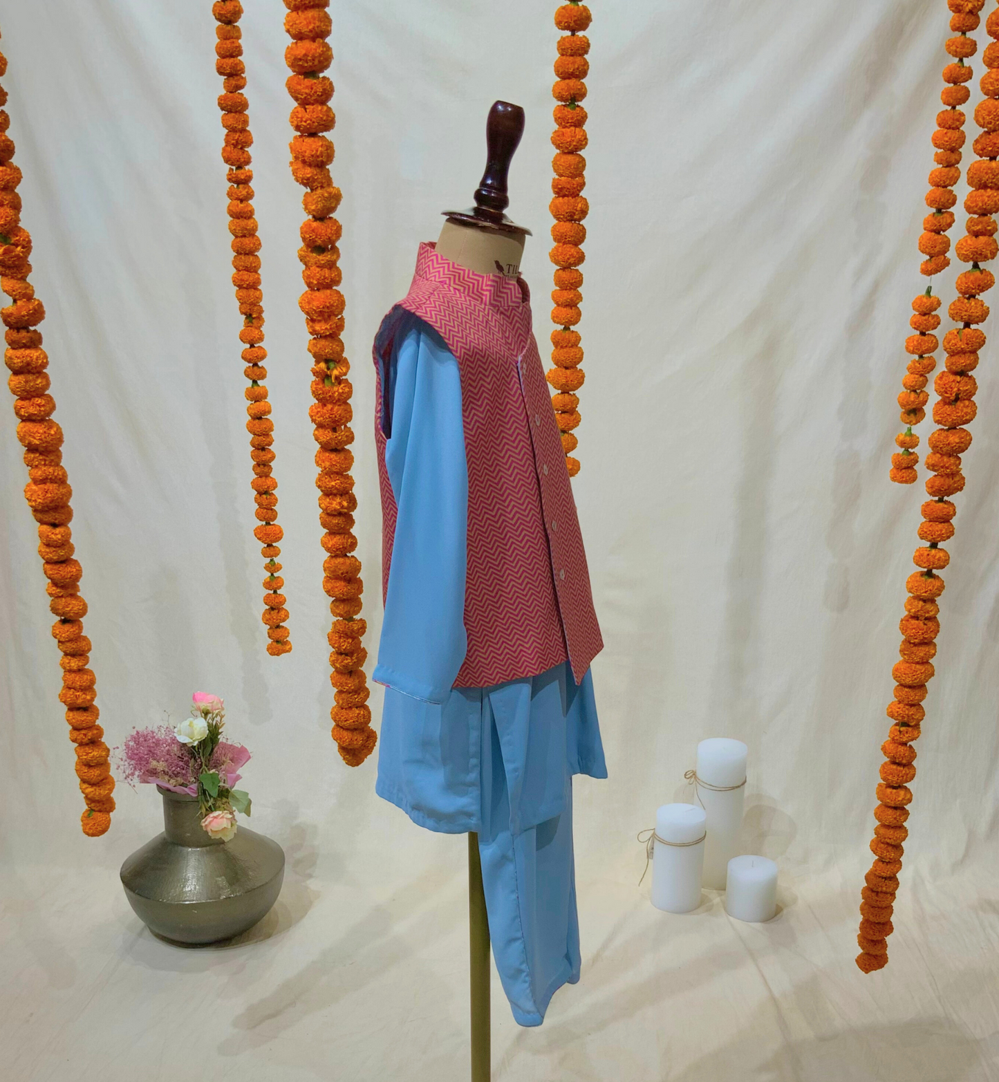 LIGHT BLUE KURTA SET WITH PRINTED WAISTCOAT